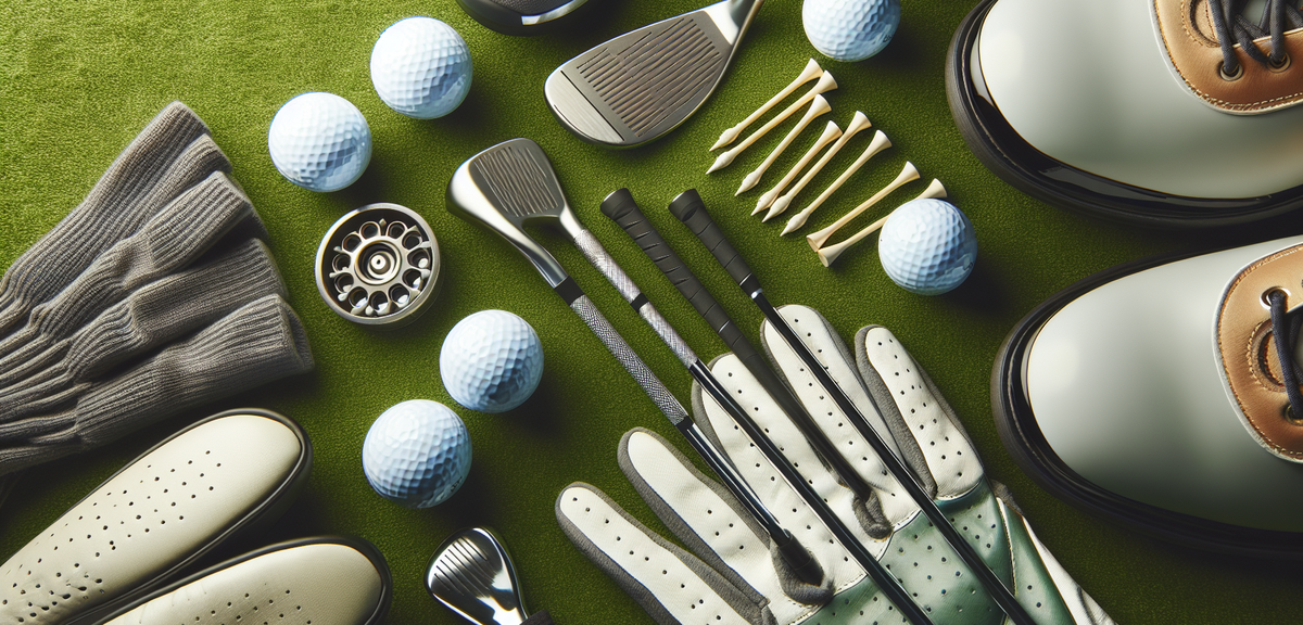 A flat lay photo of essential golf equipment for beginners including golf clubs, balls, tees, gloves