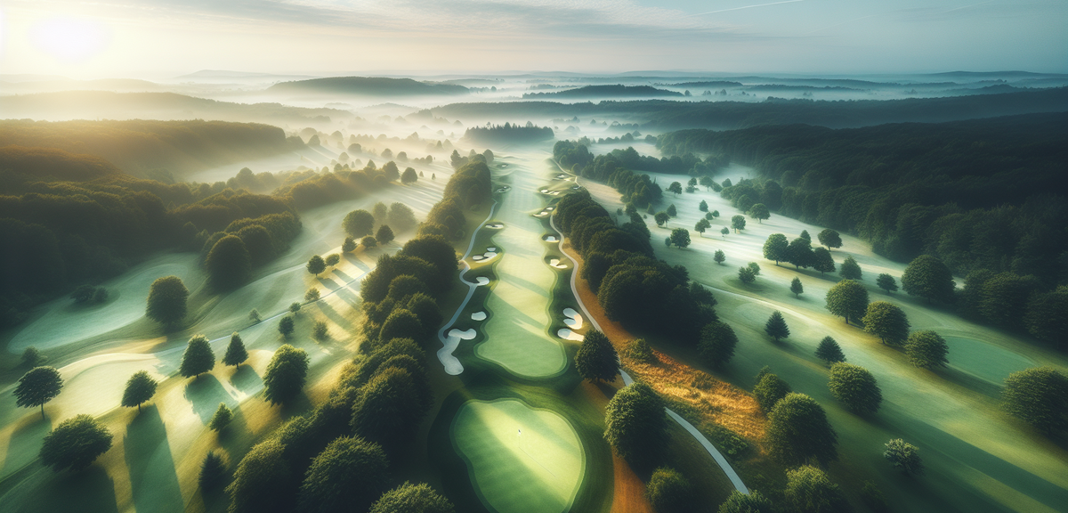 An aerial view of a beginner-friendly golf course with wide fairways, minimal bunkers, and gentle te