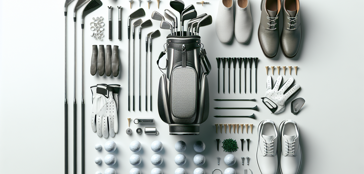 Essential golf items flat lay including golf clubs in a bag, golf balls, gloves, tees, ball markers,
