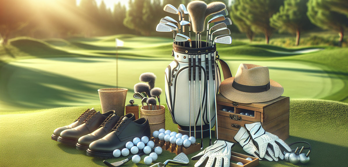 A golfer's complete equipment setup on the golf course including bag, clubs, shoes, hat, gloves, bal