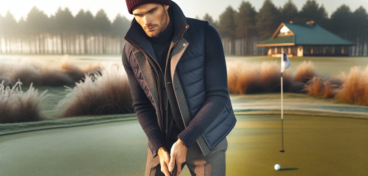 A stylish male golfer on winter golf course wearing coordinated navy outer jacket, gray vest, and bu