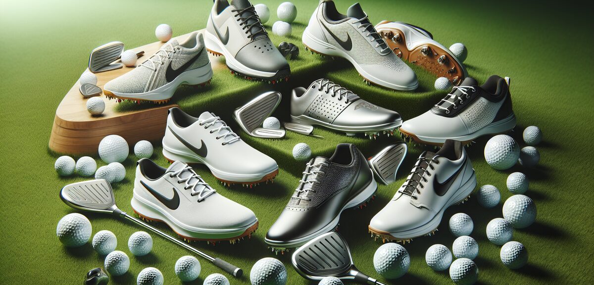 Various types of golf shoes displayed including spiked and spikeless options, on grass background wi