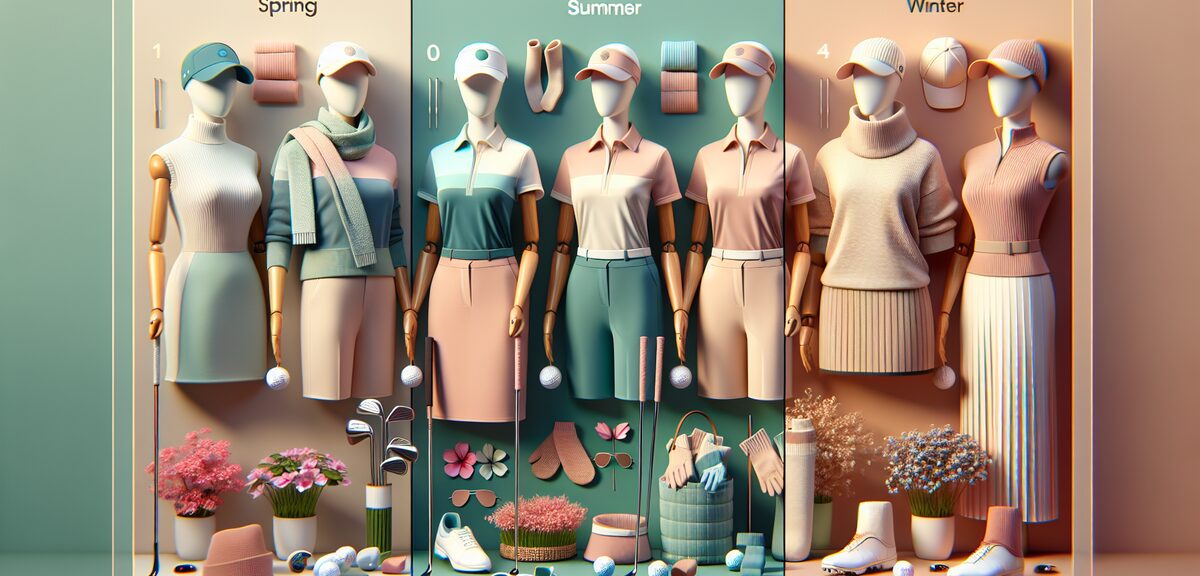 Four season golf outfit display showing spring, summer, autumn, and winter golf attire on mannequins