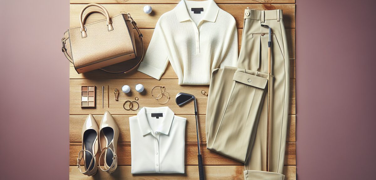A flatlay of women's golf course arrival outfit including a white blouse, beige chino pants, small h