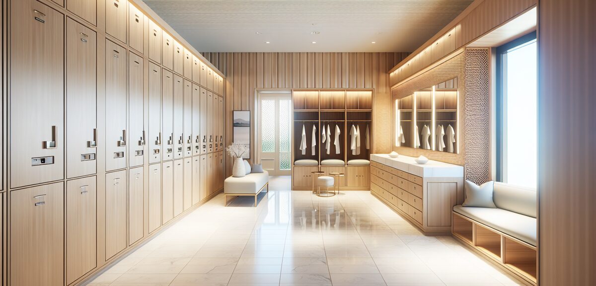 A clean and modern golf clubhouse women's locker room with wooden lockers, mirror, and comfortable s