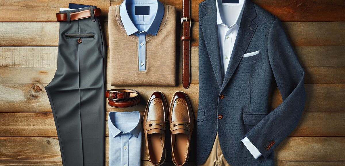 A flatlay of men's golf course arrival outfit including a light blue dress shirt, beige chino pants,