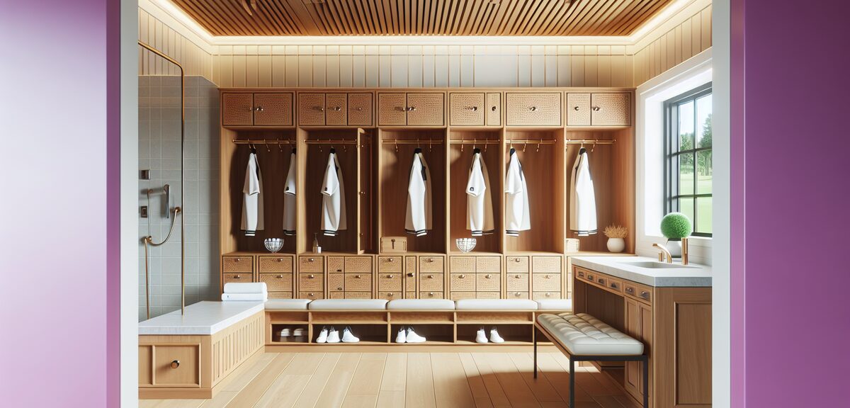 A clean and modern golf clubhouse men's locker room with wooden lockers, bench, and shower area visi