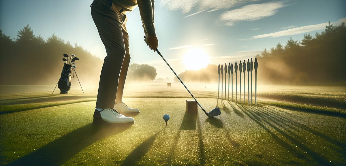 Golf player standing at tee box preparing to hit a recovery shot after OB, with white stakes visible