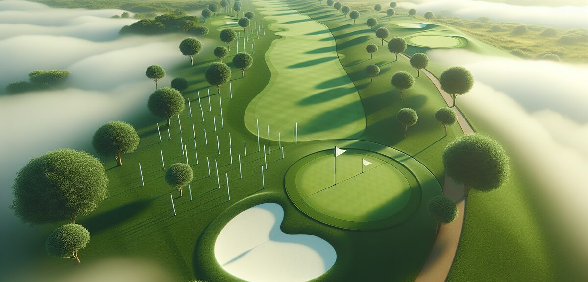 Aerial view of a golf hole with white OB stakes marking the boundary, showing safe landing area in t