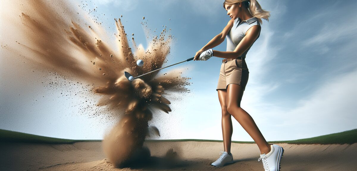 A golfer demonstrating proper sand wedge technique in a bunker, showing the moment of impact with sa