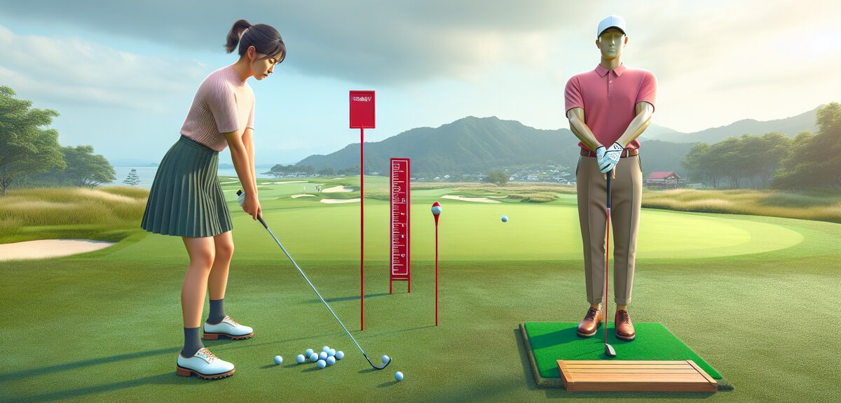 A golfer demonstrating proper knee-height drop technique near a red penalty area stake, with measure