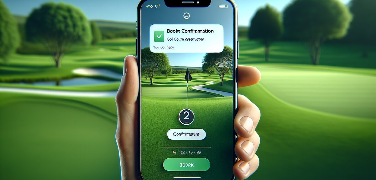 A golf course reservation confirmation screen on a smartphone showing 2-some guaranteed booking, mod