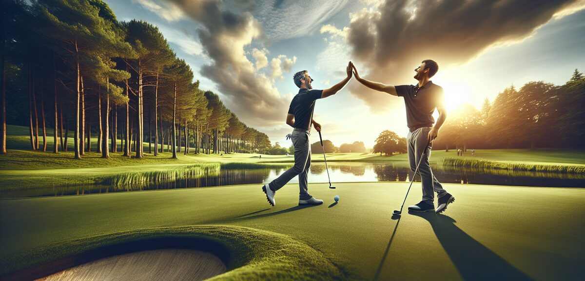 Two golfers giving high five on the green after a successful putt, celebratory moment, beautiful gol