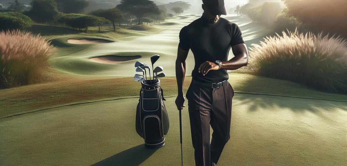 A golfer checking watch while walking on golf course fairway, morning light, time management concept