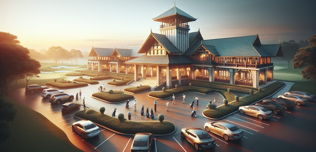 A golf course clubhouse exterior in early morning with parking lot and golfers preparing equipment, 