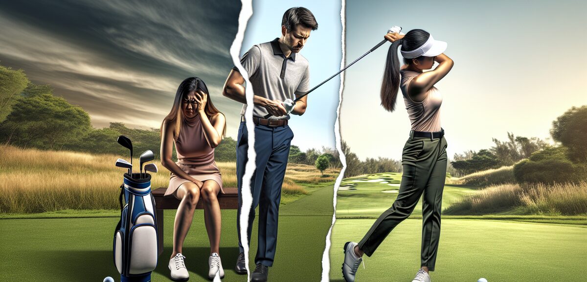 A split image showing three golfers at different skill levels - beginner struggling with swing, aver