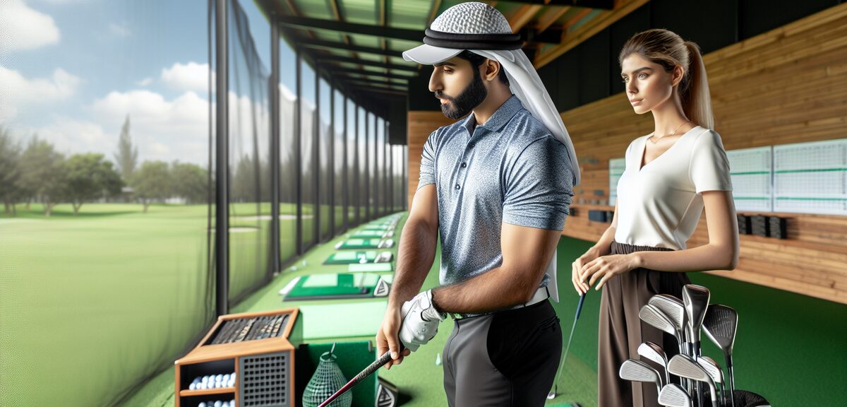 A golfer analyzing swing technique at driving range, focused expression, professional coaching atmos