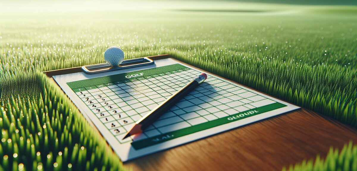 A beautiful golf course scorecard with pencil, green grass background, morning sunlight, clean and o