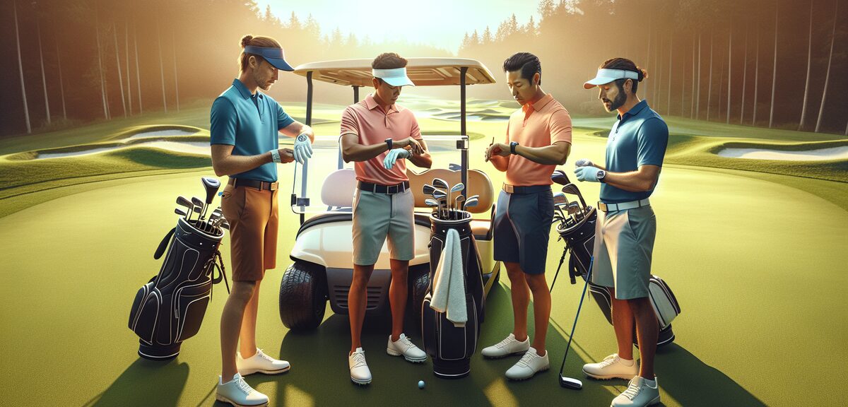 Golfers checking their watches and scorecards between holes on a beautiful golf course, group of fou