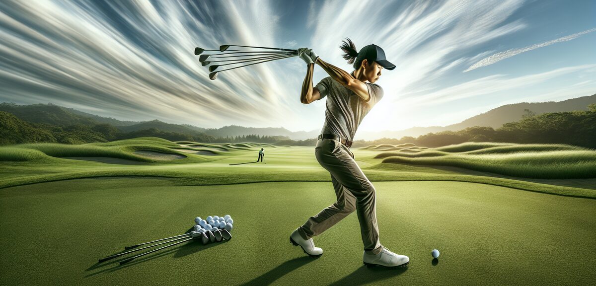 A golfer quickly walking to their ball with multiple clubs in hand, demonstrating efficient pace of 