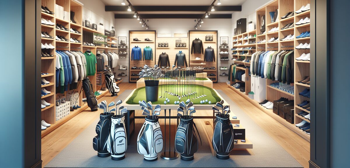 A golf shop interior showing various golf equipment including clubs, shoes, and apparel with price t