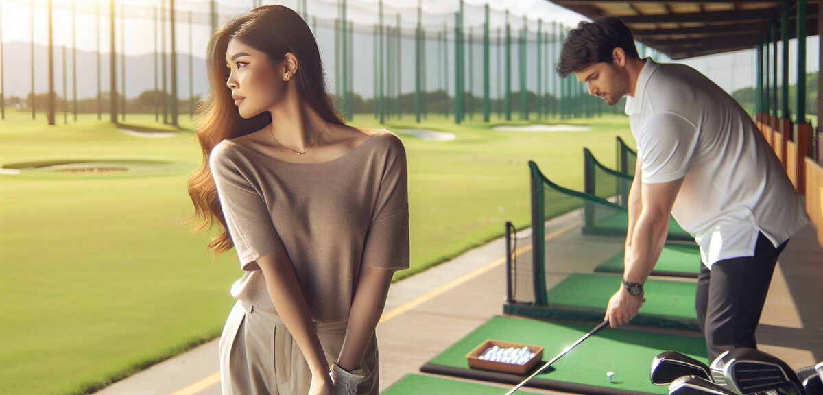 A beginner golfer practicing at a driving range with an instructor watching, bright daylight, golf p
