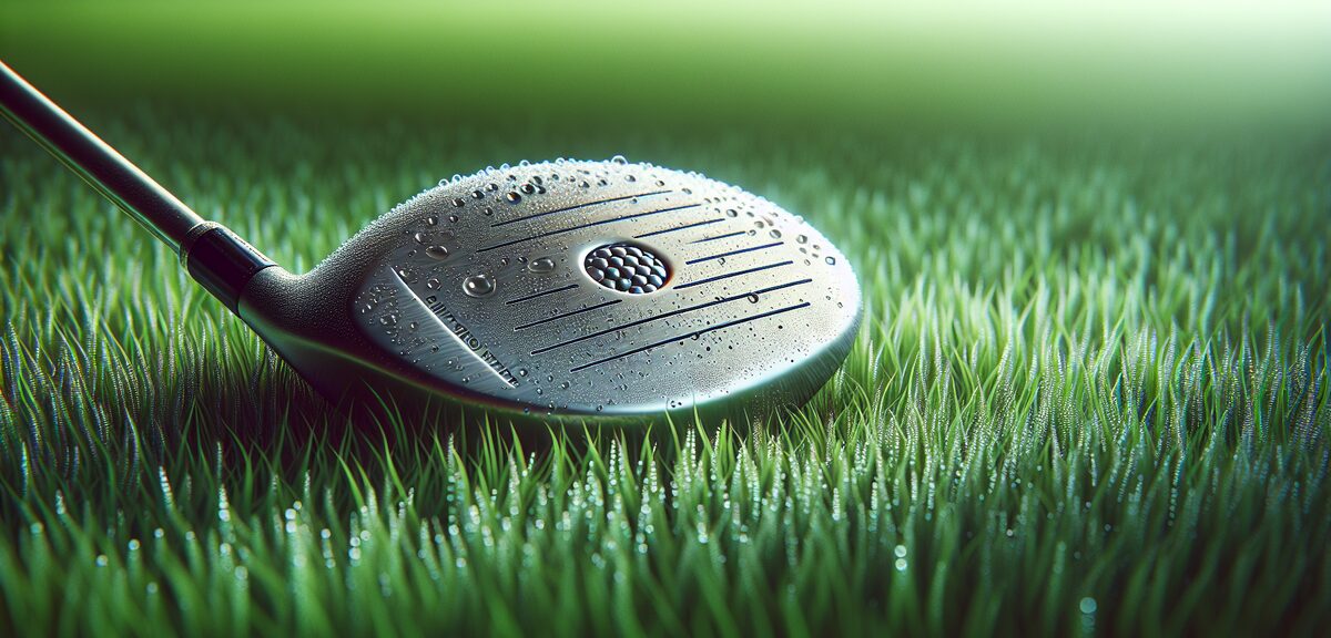 Close-up shot of fairway wood club head on green grass with morning dew, shallow depth of field, pro