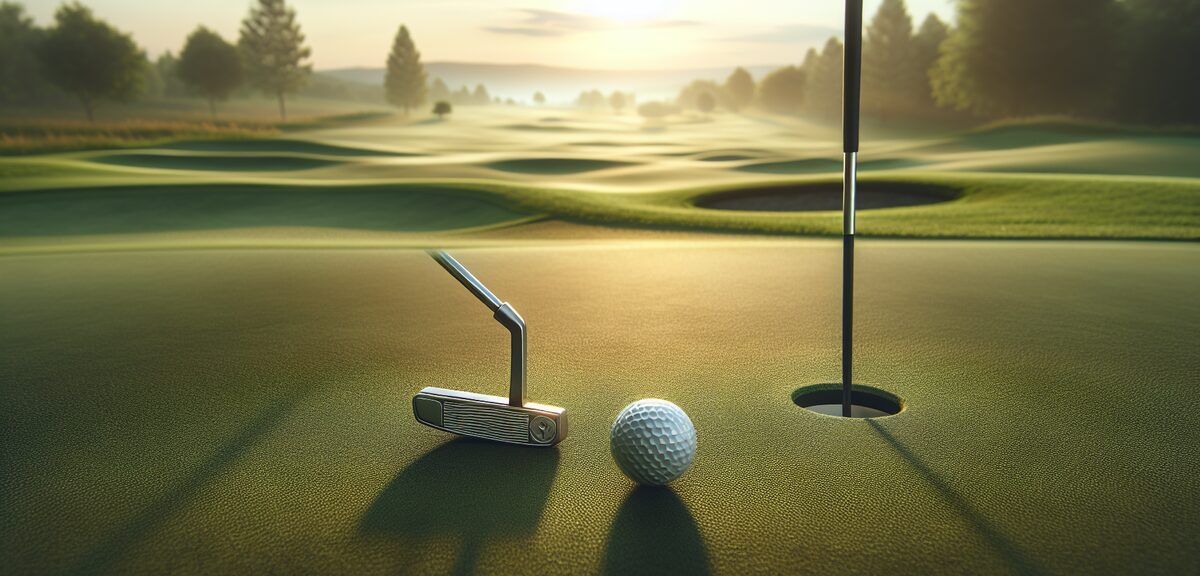 Professional photograph of a golf putter on putting green with golf ball near hole, late afternoon g