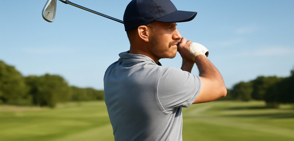 Side view of a golfer at the top of the backswing, showing relaxed right elbow and natural wrist coc