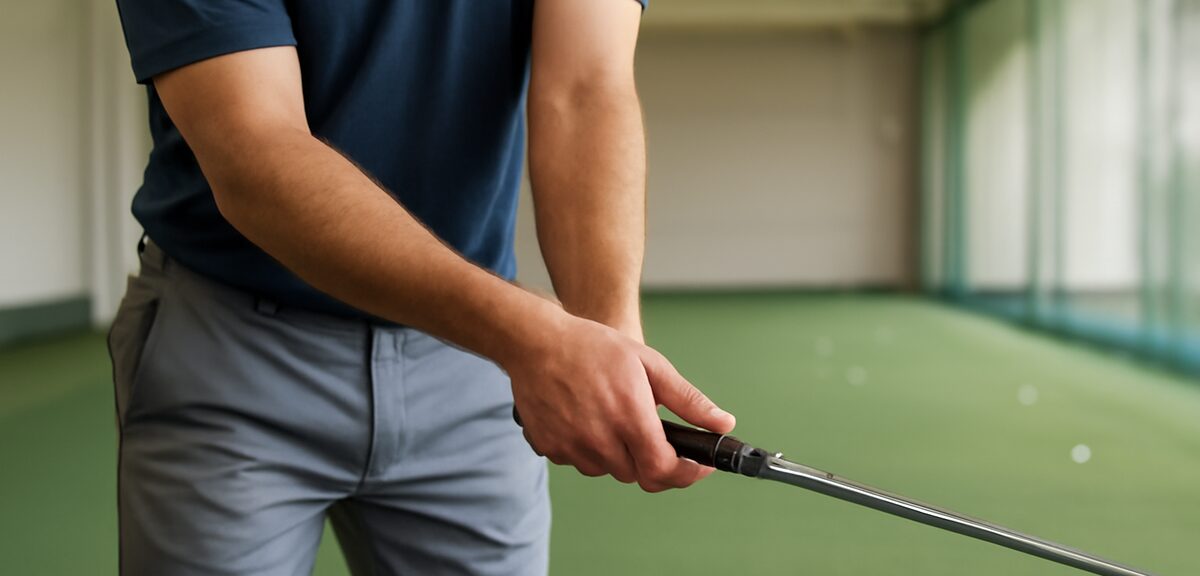 Golfer practicing split-hand drill with hands separated on the grip, clear demonstration of right ha
