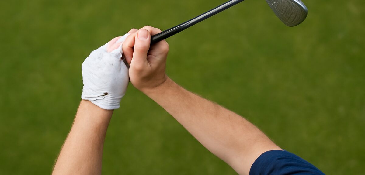 Top-down view of golf club shaft and hands at mid-backswing, showing wrist cock angle forming natura