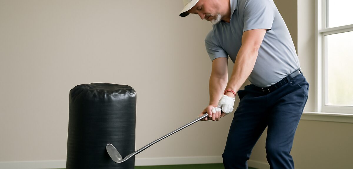 Golfer hitting an impact bag with proper wrist position, demonstrating wrist lag and impact form, in