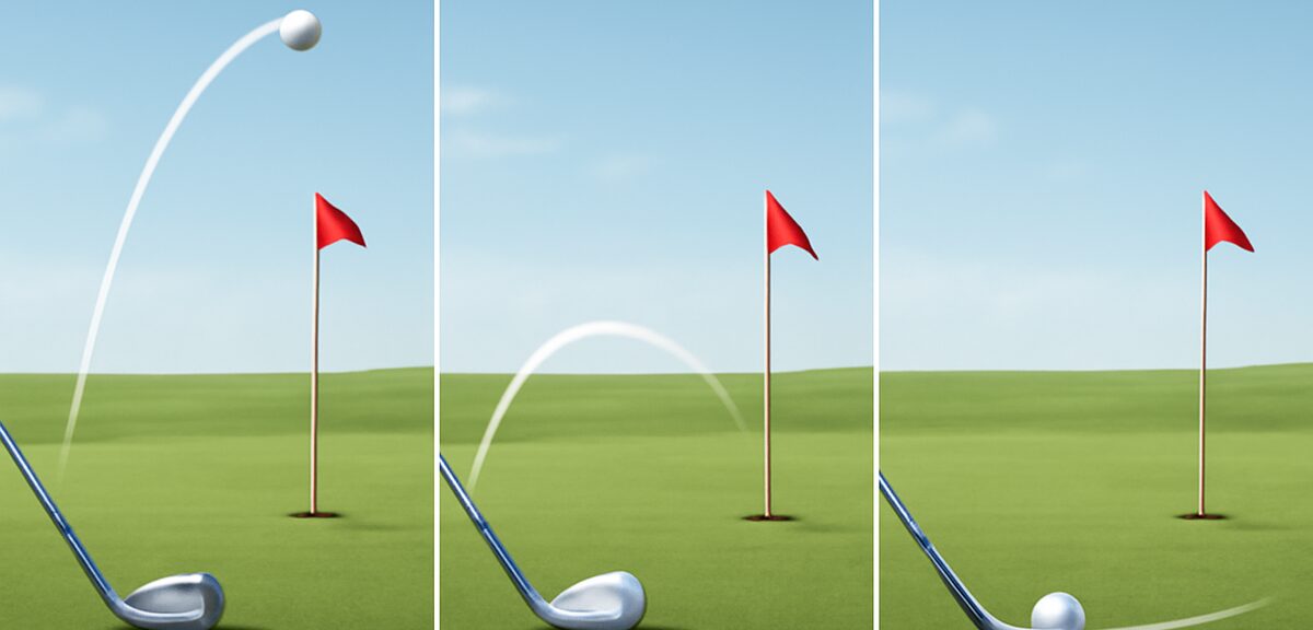 Three approach shot trajectories illustrated side by side - high pitch shot, low chip shot, and runn
