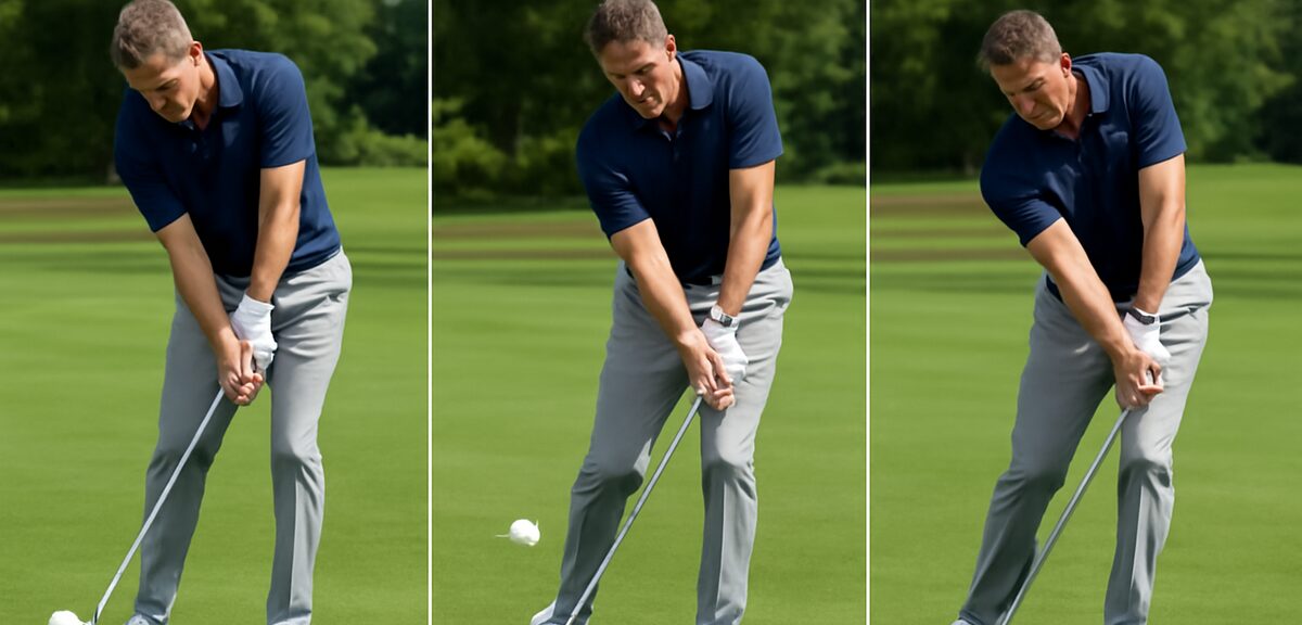 Three common approach shot mistakes illustrated - chunked shot, thinned shot, and shanked shot near 