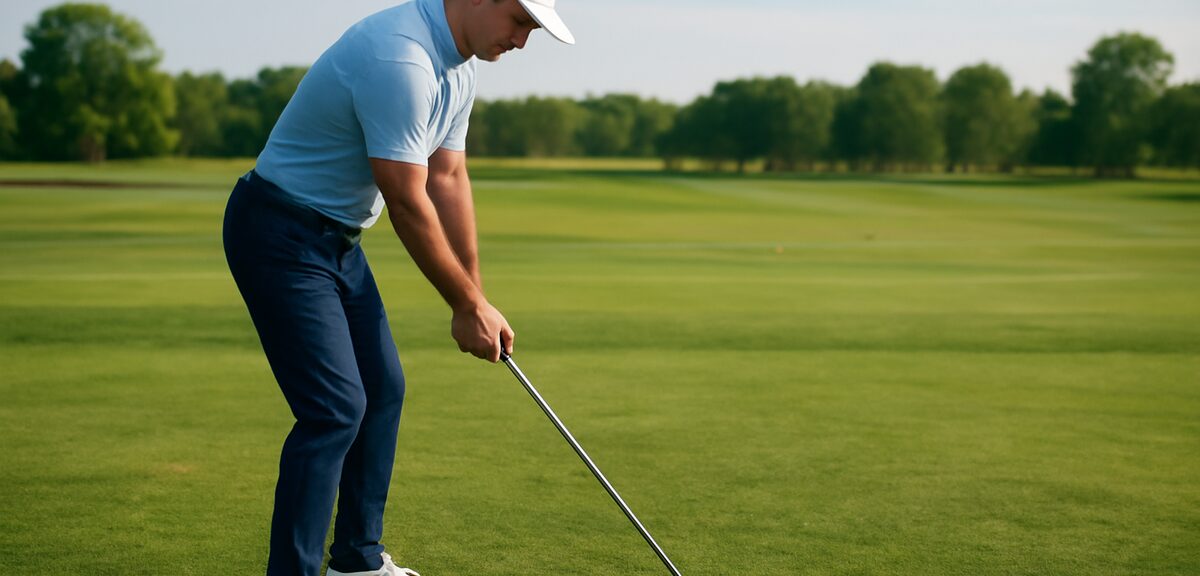 Golfer practicing approach shot with ball teed up slightly, focused on clean contact, practice range