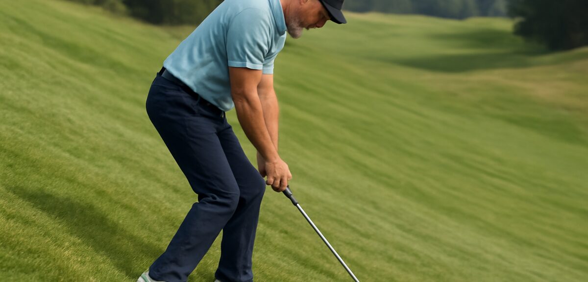 Golfer addressing a downhill lie with shoulders tilted along the slope, shorter follow-through, dram