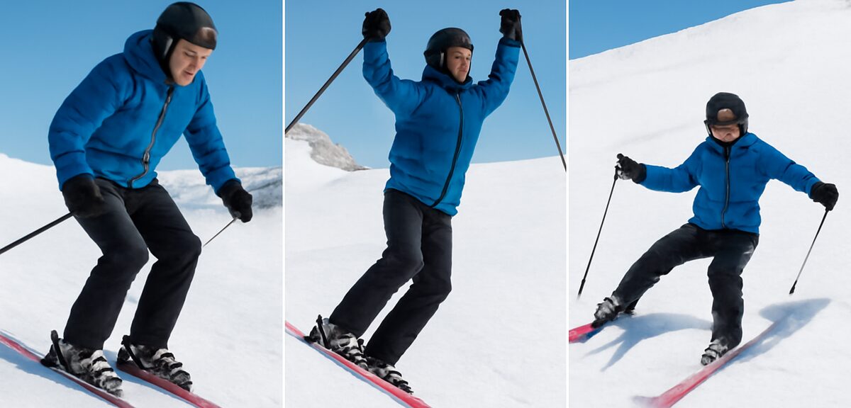 Comparison of three common slope shot mistakes - body falling forward on downhill, excessive lift at