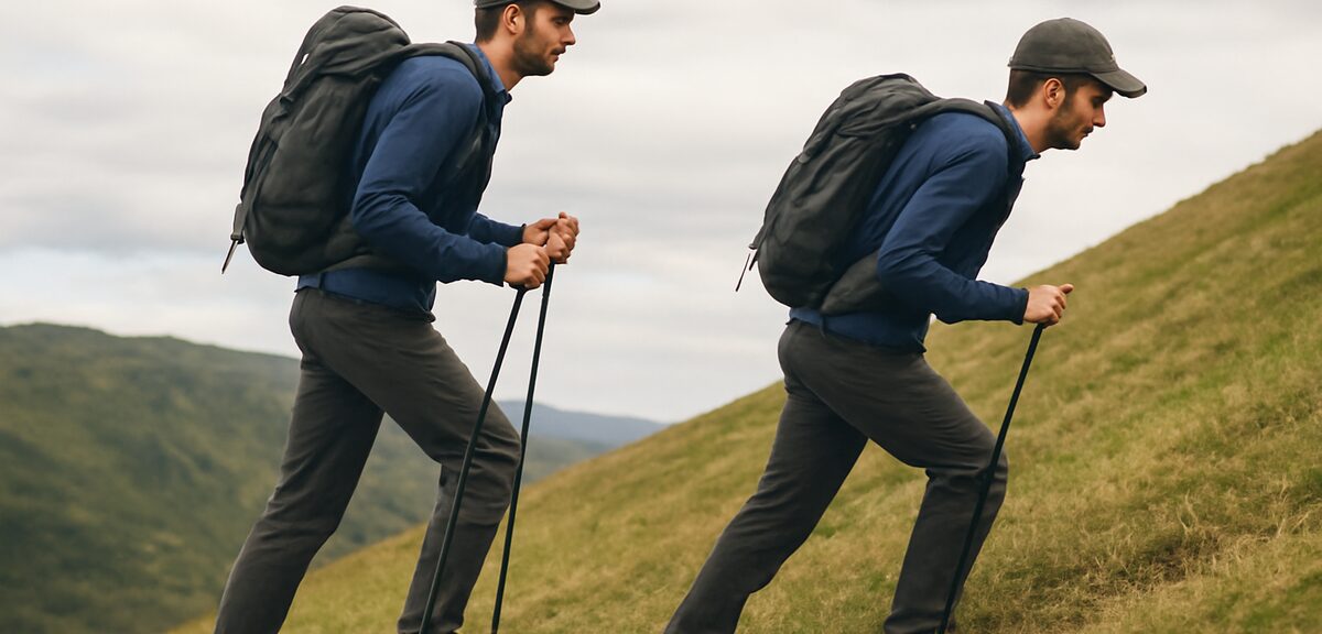 Side view comparison of correct uphill stance with shoulder line parallel to slope versus incorrect 