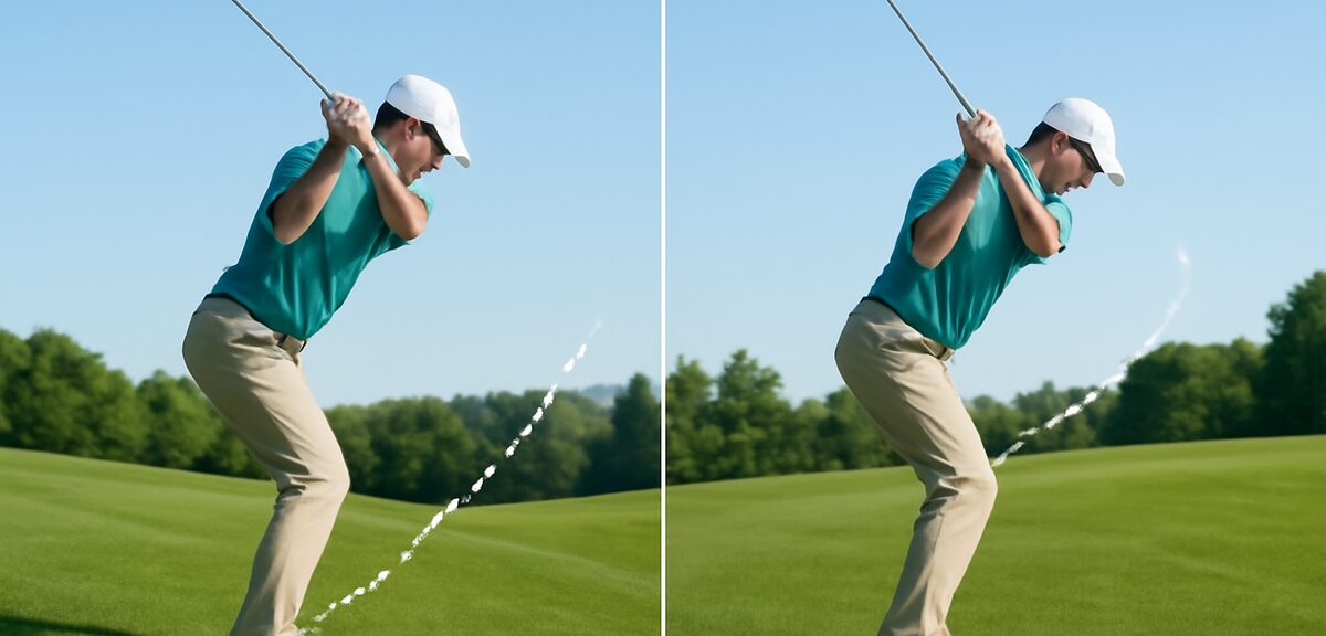 Comparison of correct uphill swing path following slope versus incorrect lifting motion that causes 