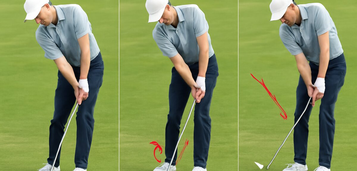 Three common uphill lie mistakes illustrated - chunky shot from leaning left, hook from rolling wris