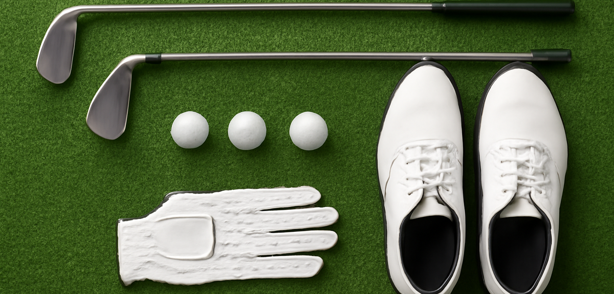 A flat lay photo of essential golf equipment for beginners including golf clubs, balls, tees, gloves