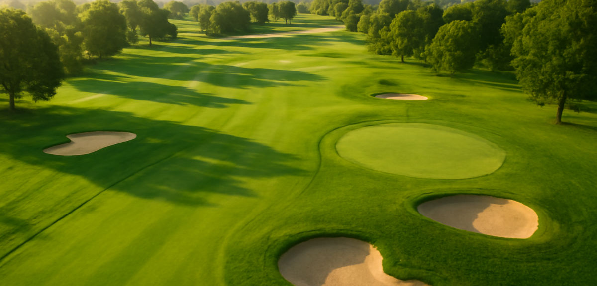 An aerial view of a beginner-friendly golf course with wide fairways, minimal bunkers, and gentle te