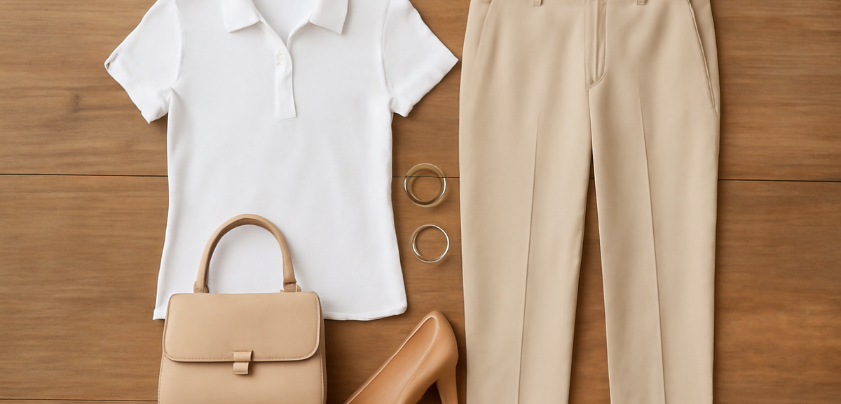 A flatlay of women's golf course arrival outfit including a white blouse, beige chino pants, small h