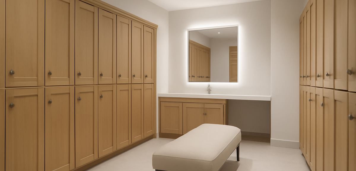 A clean and modern golf clubhouse women's locker room with wooden lockers, mirror, and comfortable s