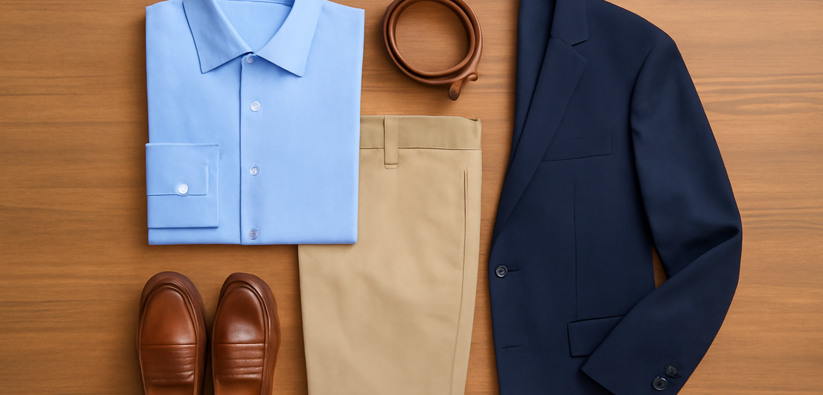 A flatlay of men's golf course arrival outfit including a light blue dress shirt, beige chino pants,