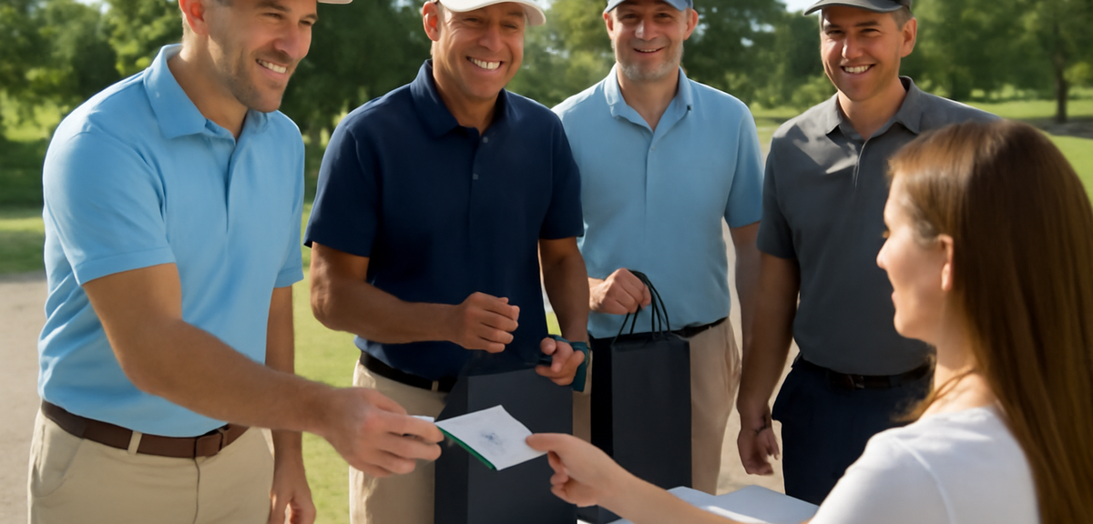 A group of businessmen in golf attire standing at registration desk of a golf competition, receiving