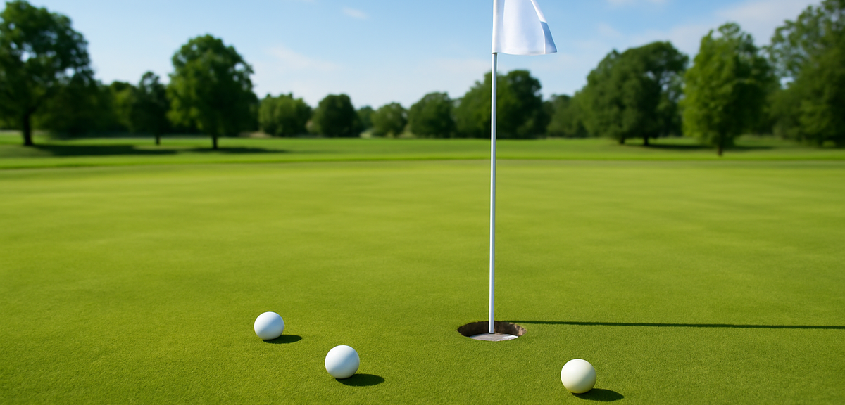 A putting green during a golf competition with a flag and ball markers showing nearest pin contest, 