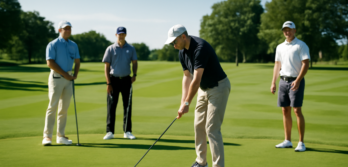 Golfers at a tee box area, one player addressing the ball while three others stand at appropriate di