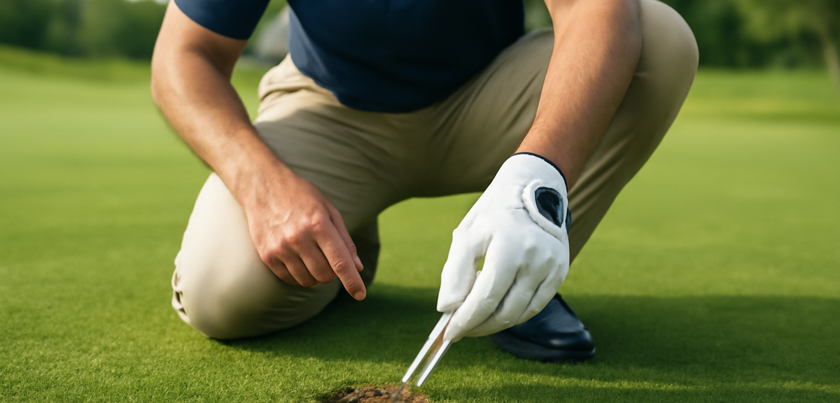 A golfer properly repairing a divot mark on a golf course with a divot repair tool, demonstrating pr