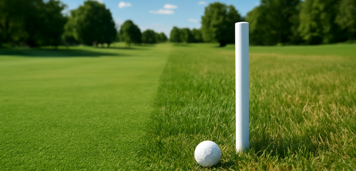 Golf course showing OB white stakes along the boundary, with a golf ball near the stakes, demonstrat